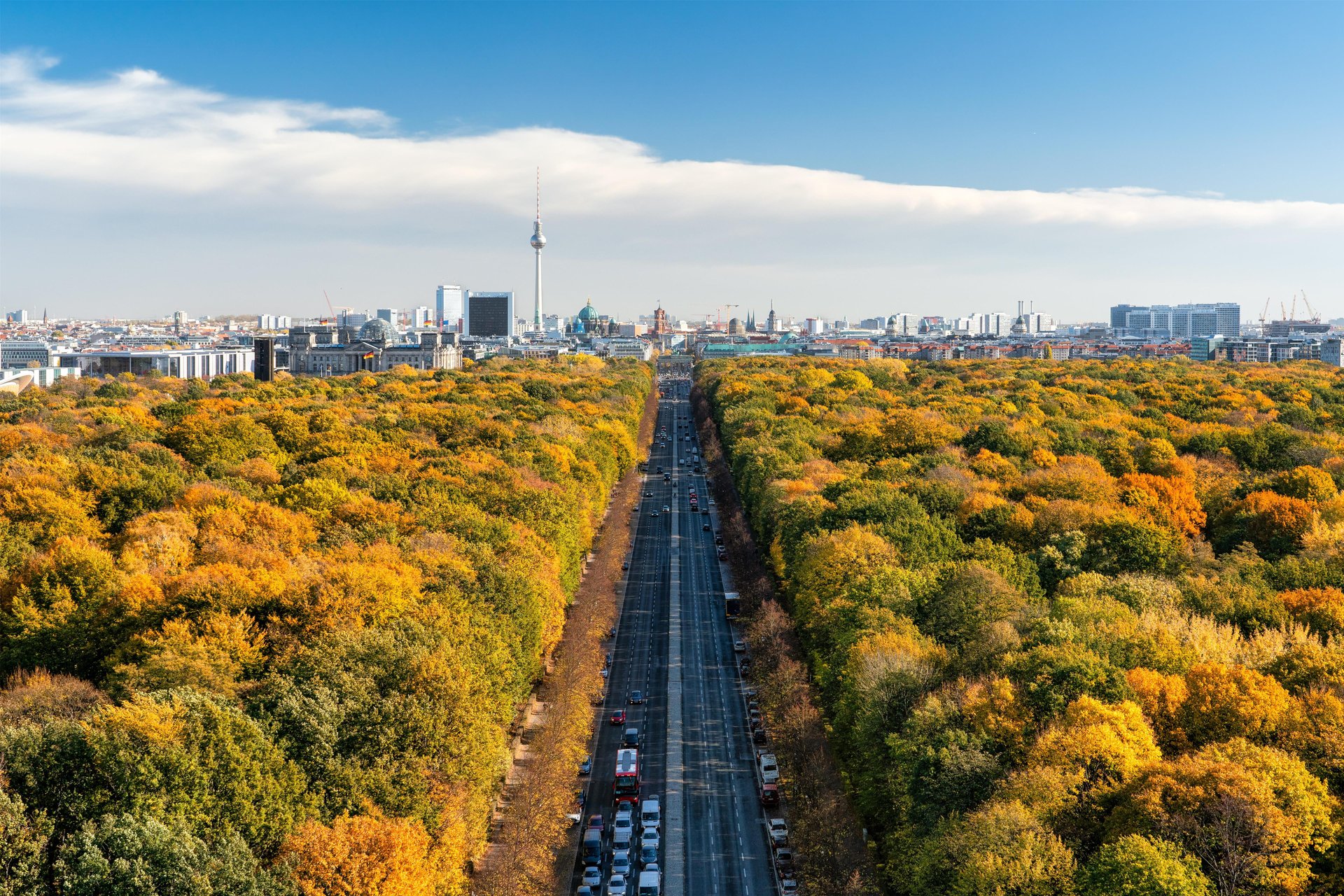 View of the city of Berlin from the Tiergarten in autumn