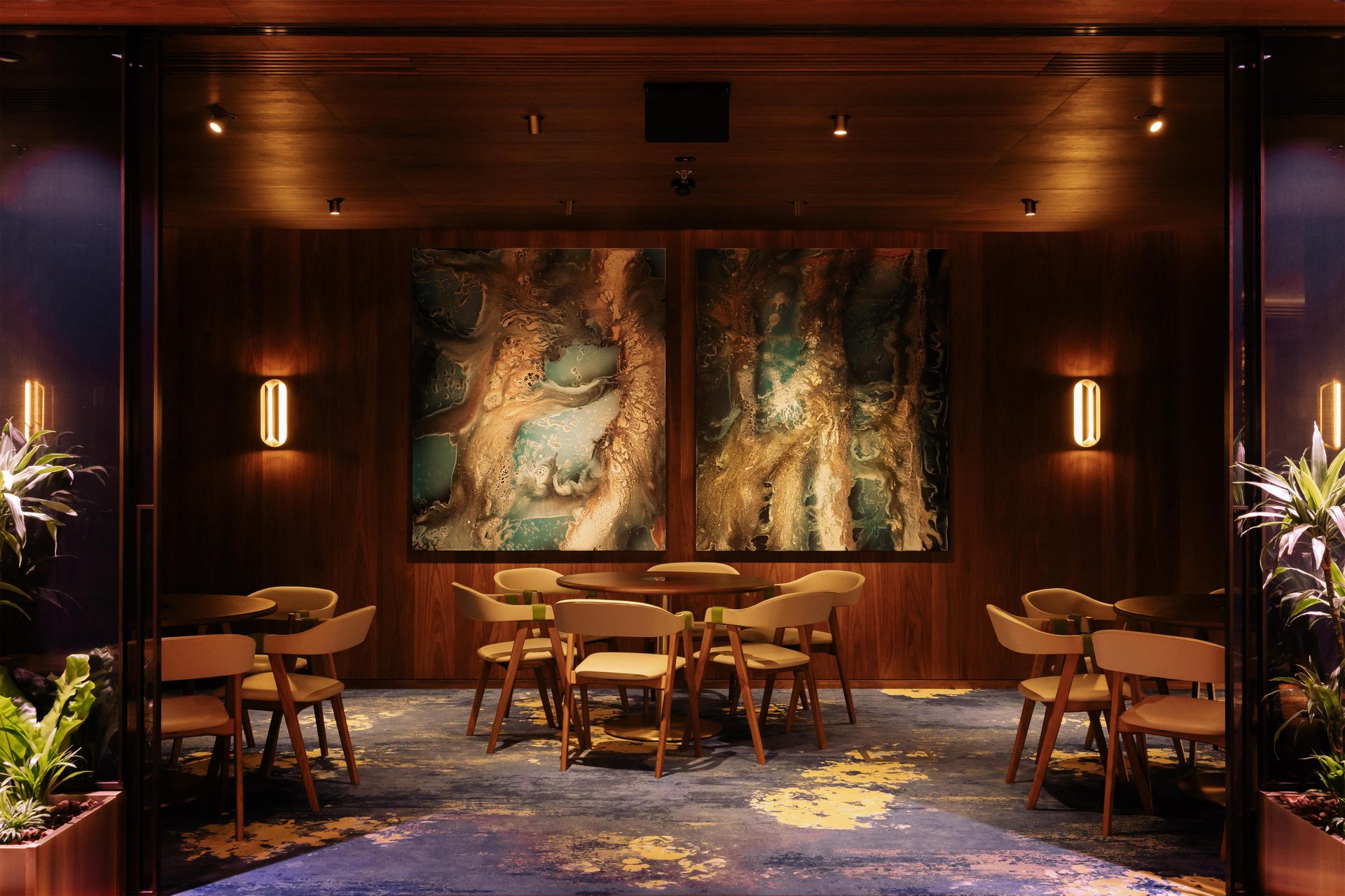 Interior of recently revamped NOBU Budapest Restaurant's main dining area, Downtown Budapest, at Kempinski Hotel Corvinus