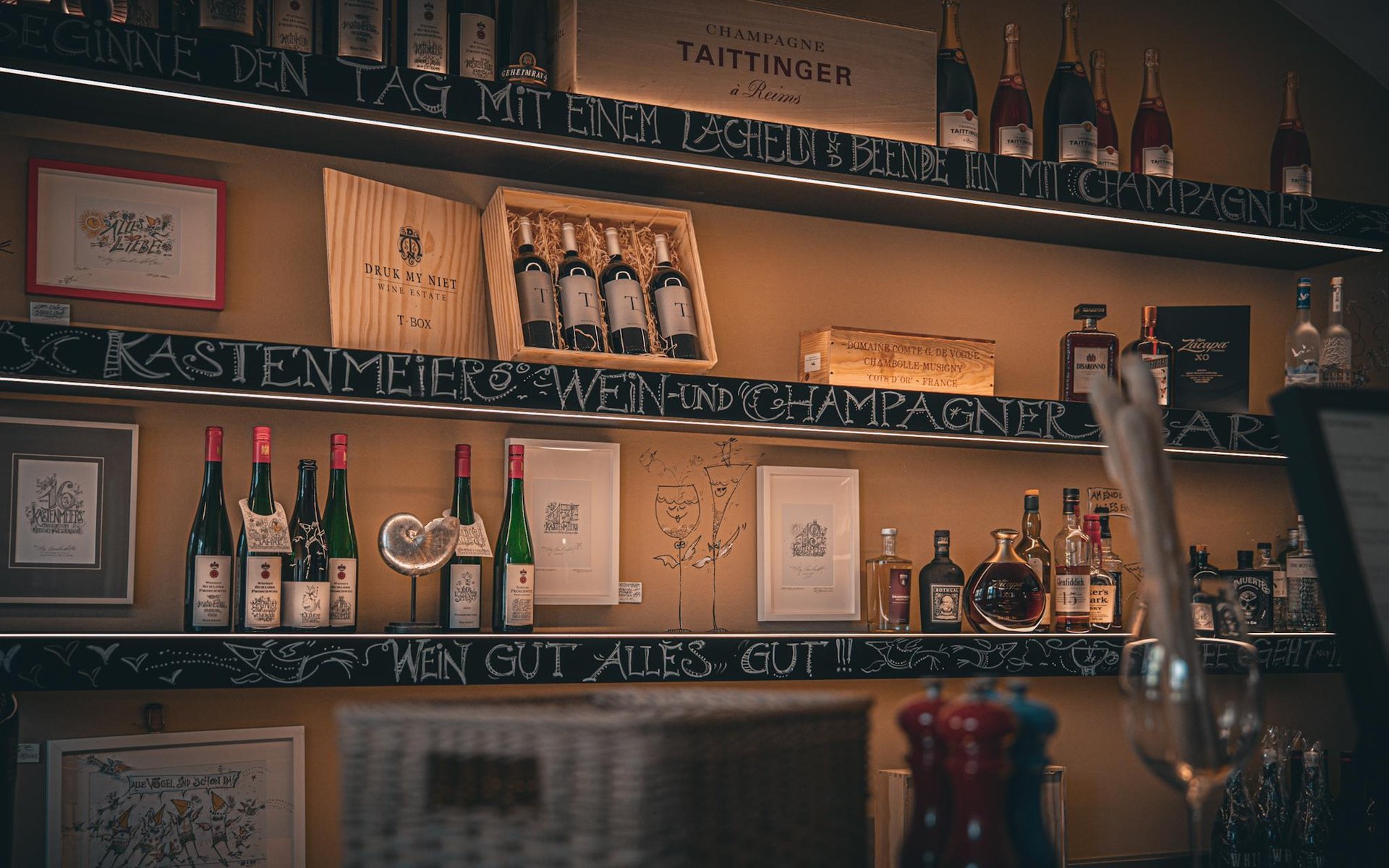 Selection of fine wine bottles and Taittinger Champagne at Kastenmeier's Wine and Champagne Bar in central Dresden