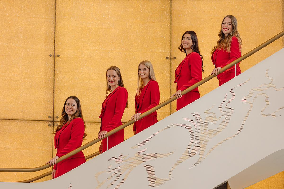 Ladies in Red in the lobby of Kempinski Hotel Corvinus Budapest