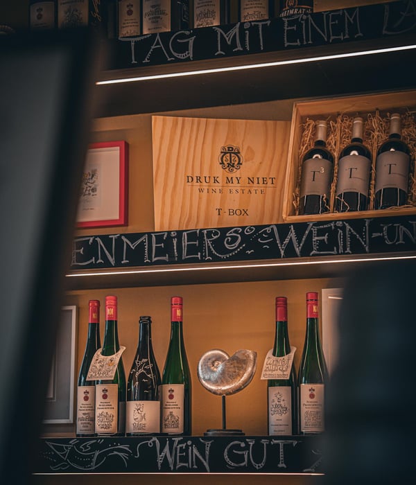 Selection of fine wine bottles and Taittinger Champagne at Kastenmeier's Wine and Champagne Bar in central Dresden