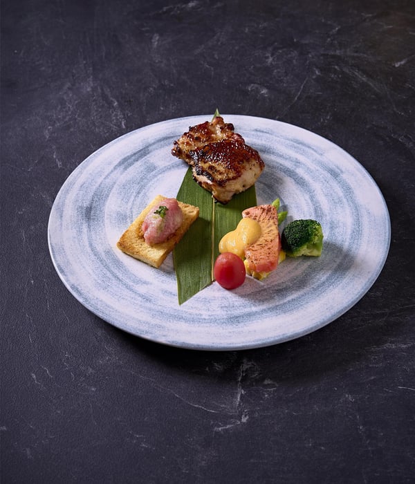 Small bites of Salmon with Egg Yolk Sauce , Wagyu Tataki , Tori Shiokoji Yaki